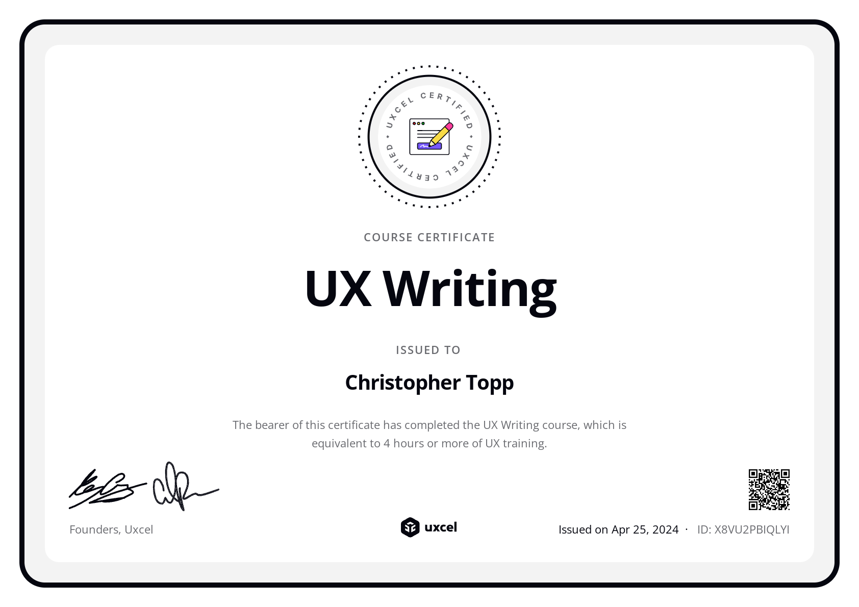 Christopher Topp's certificate